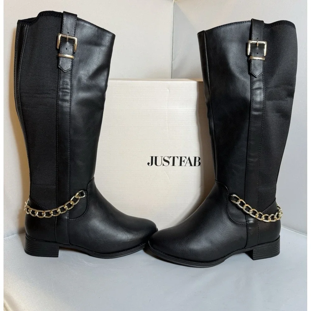 Just Fab Black Faux Leather Gamela Boots Knee High Gold Chain Women Size 5.5